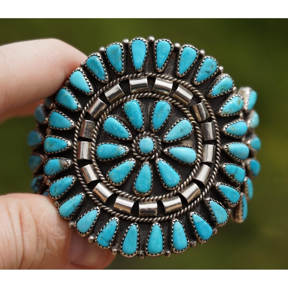 Vintage Navajo Native American Indian Sterling Silver Turquoise Cluster Bracelet